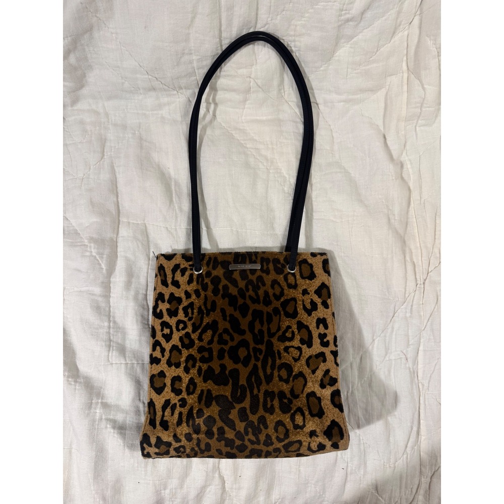 Nine West Leopard Print Faux Fur Shoulder Bag Y2K Animal Print Tote Brown Orange
